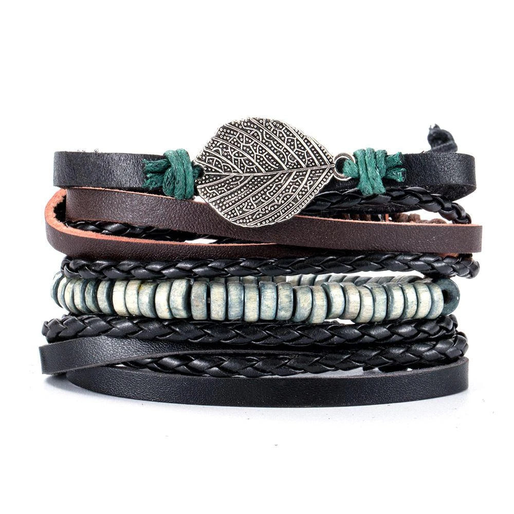 4Pcs/ Set Braided Wrap Leather Bracelets For Men Vintage Life Tree Rudder Charm Wood Beads Ethnic Tribal Wristbands