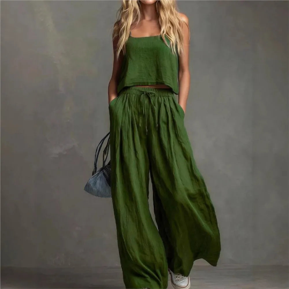 Suspender Top Women + Wide-leg Trousers Women 2piece Set Summer Fashion Elastic Waist Lace-up Pocket Trousers Casual Suit Female