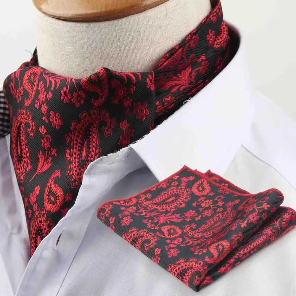 Polyester Cravat Pocket Square Set Formal Necktie Handkerchief Ascot Self Tie Polka Dot Paisley Design Gentleman Necktie Gifts