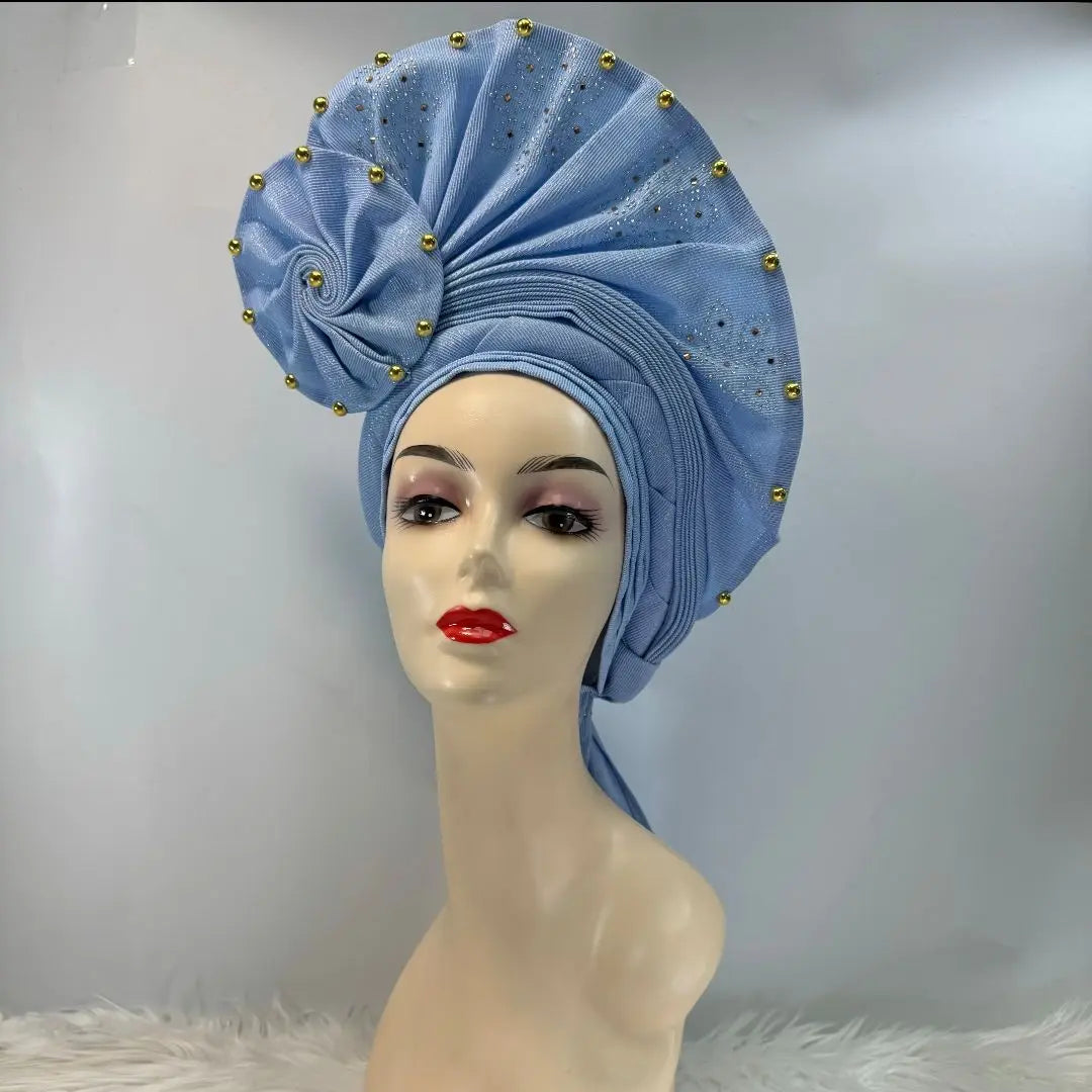 High Quality African Nigeria Gele Elegant Helmet With Stones Headband Turban Head Scarf Head-Hat Auto Gele Brand New Hats 7L631