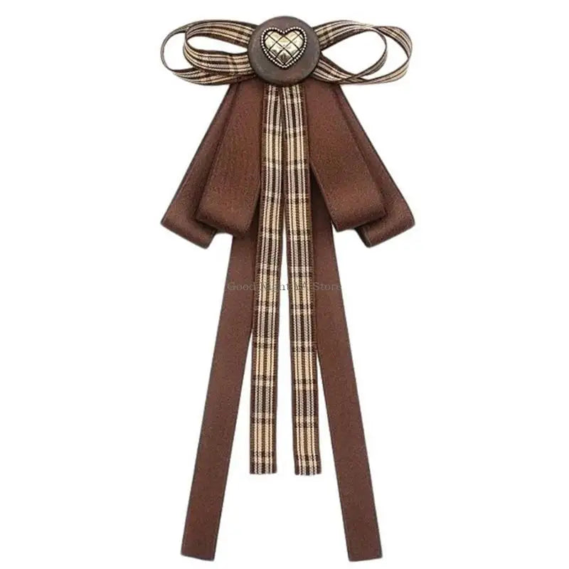 Retro Brown Plaids Bowtie Brooch Pin Uniform Ribbon Bowknot Jabot Collar Necktie