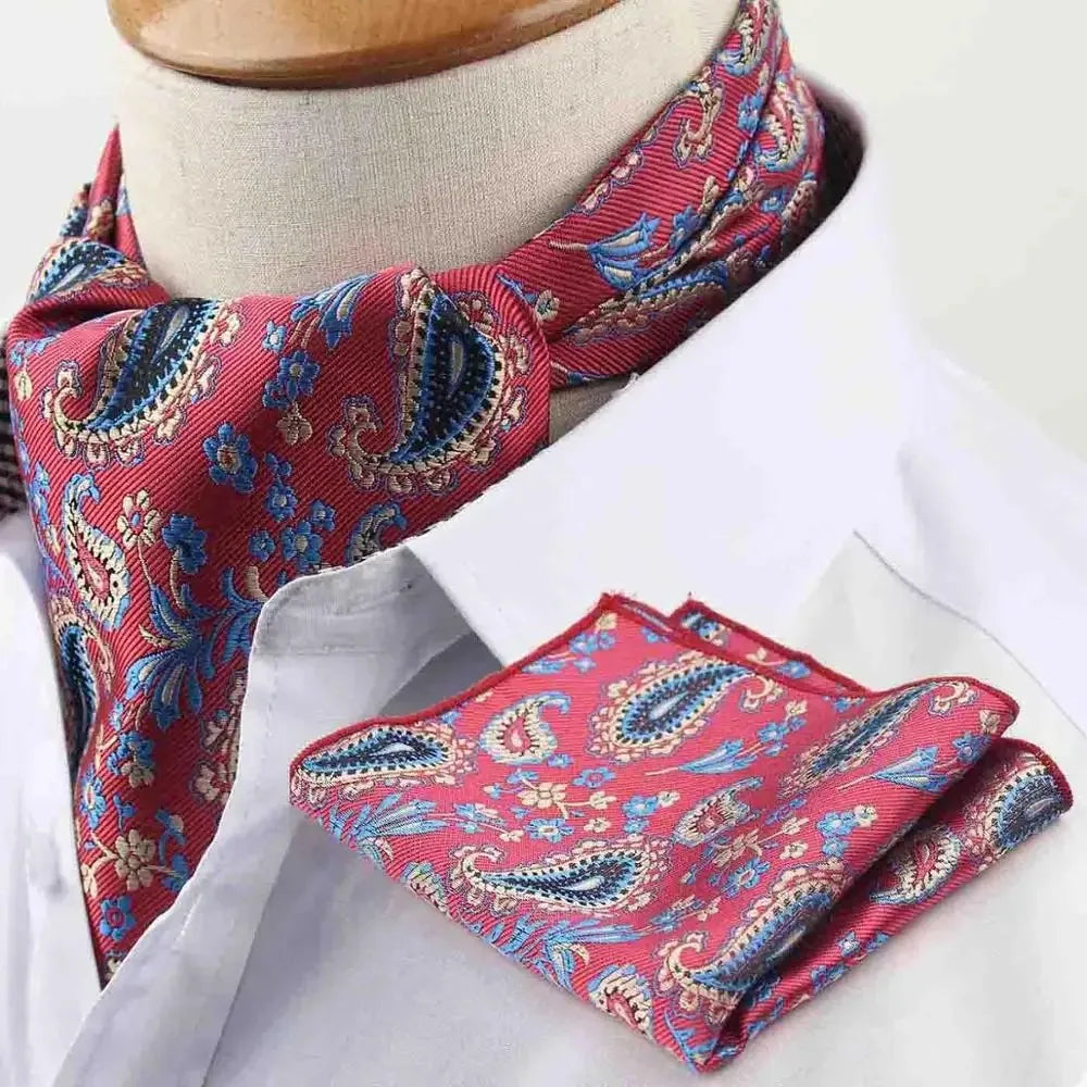 Polyester Cravat Pocket Square Set Formal Necktie Handkerchief Ascot Self Tie Polka Dot Paisley Design Gentleman Necktie Gifts
