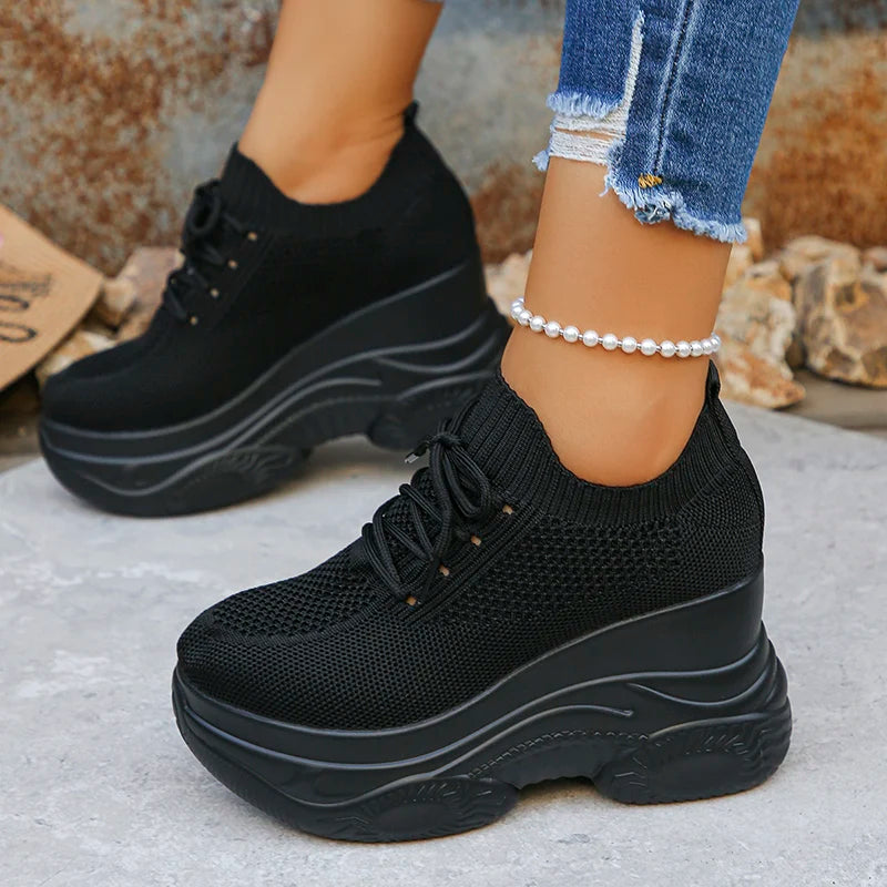 Women's Knitted White Wedge Sneakers 2026 Spring Breathable Mesh Chunky Platform Sneakers Woman Plus Size 42 Lace Up Sport Shoes