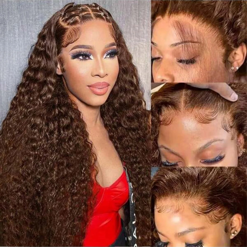 34Inch Chocolate Brown Kinky Curly 13x4 Human Hair Wig Jerry Curly 13x4 Transprent Lace Front Human Hair Wig PrePlucked Lace Wig