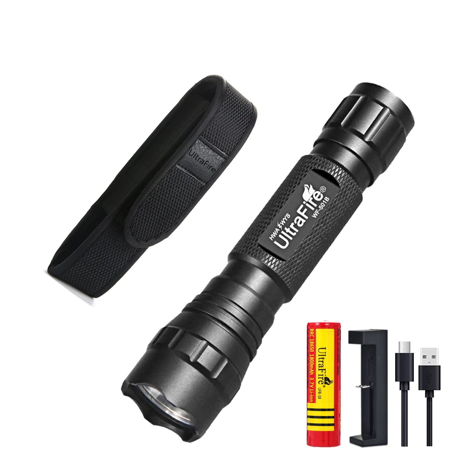 UltraFire WF-501B LED Tactical Police Flashlight 1200LM Military Torch with Duty Belt Holster Rechargeable Battery and Charger