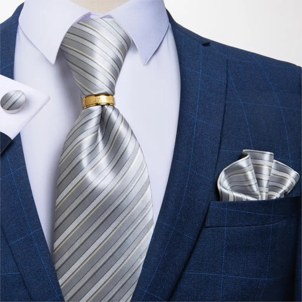 Men's Tie Handkerchief Cuffink Necktie Set Jacquard Woven Silk Blue Wedding Formal Business Party Necktie Ring Set DiBanGu