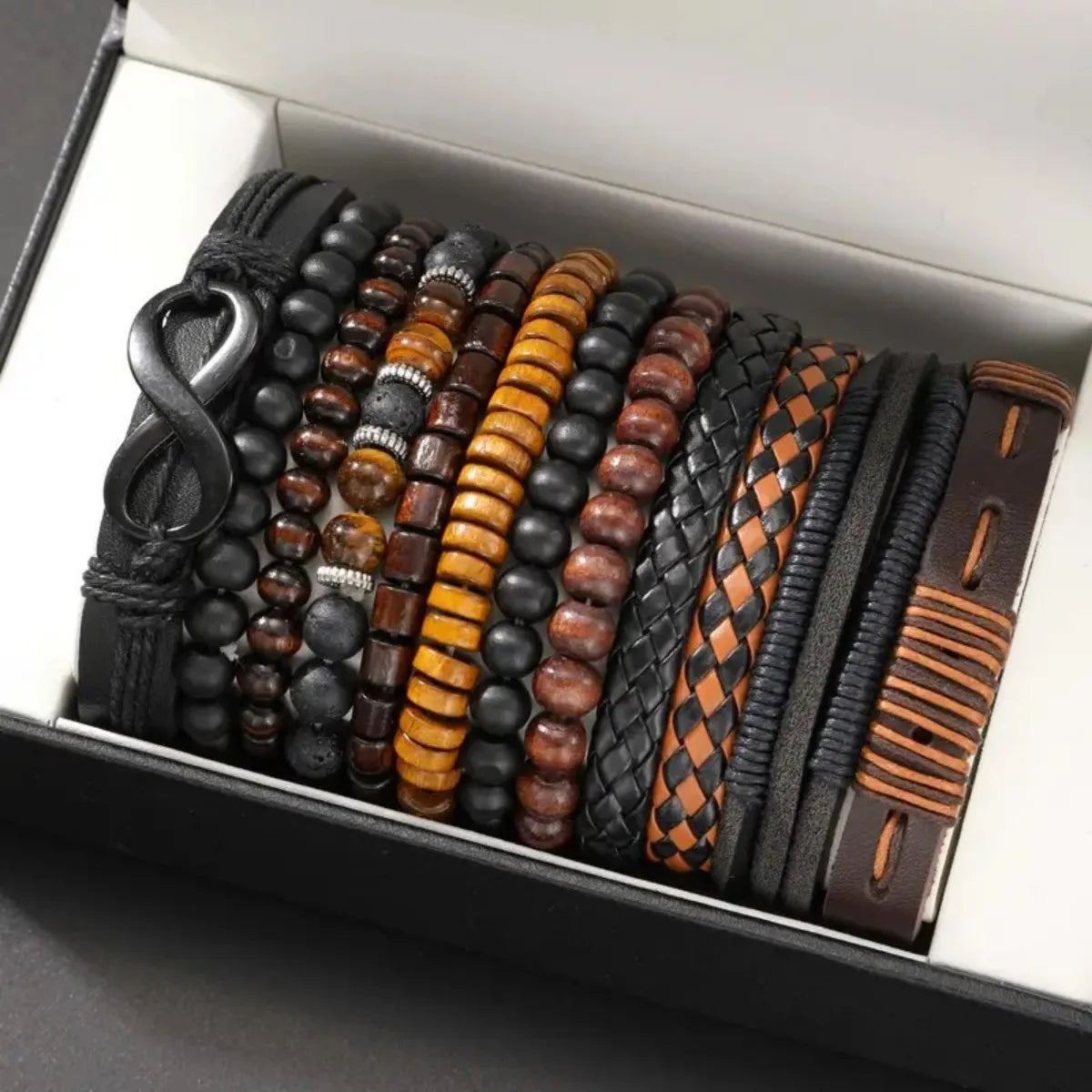 12 Pieces Vintage Woven Faux Leather Tiger's Eye & Moonstone Bead Bracelet Set for Casual Party Fashion Accessories (Box Not Inc
