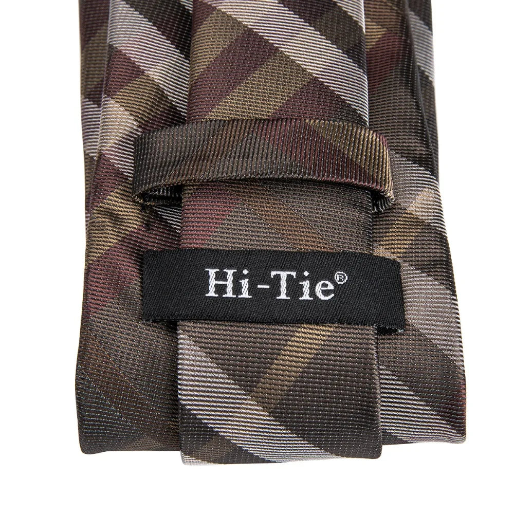 C-3014 Hi-Tie Men Tie Silk Necktie Plaid Brown Ties for Men High Quality Hanky Cufflinks Set Men's Wedding Pocket Square Tie Set