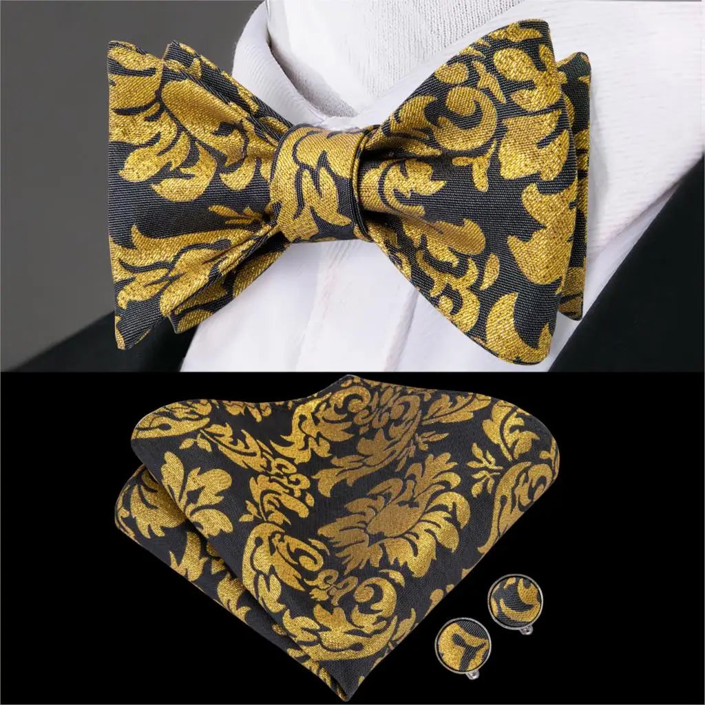 Hi-Tie Adjustable Butterfly Self Bow Tie for mens 100% Silk Floral Paisley Male Classic Wedding Party Golden Red Bow Tie Set