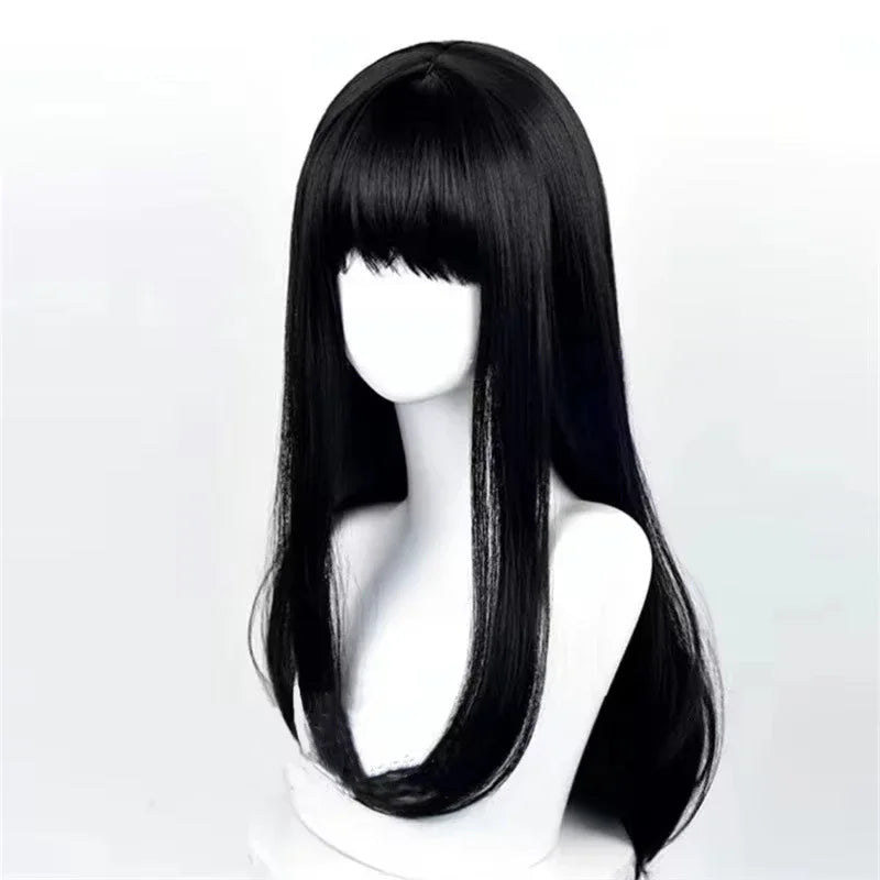 Cartoon Character Cosplay Hair Extensions Synthetic Wigs Natural Breathable Head Cover Black Long Straight Wig Hat for Women