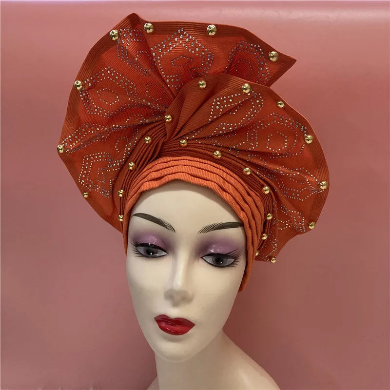 High Quality African Nigeria Gele Elegant Helmet With Stones Headband Turban Head Scarf Head-Hat Auto Gele Brand New Hats 7L5191