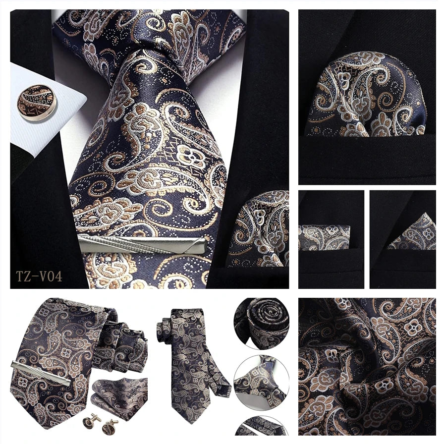 Mens Tie Set Silk Silver Paisley Floral Necktie and Pocket Square Cufflinks Tie Clip Classic Formal Ties for Men Wedding Party