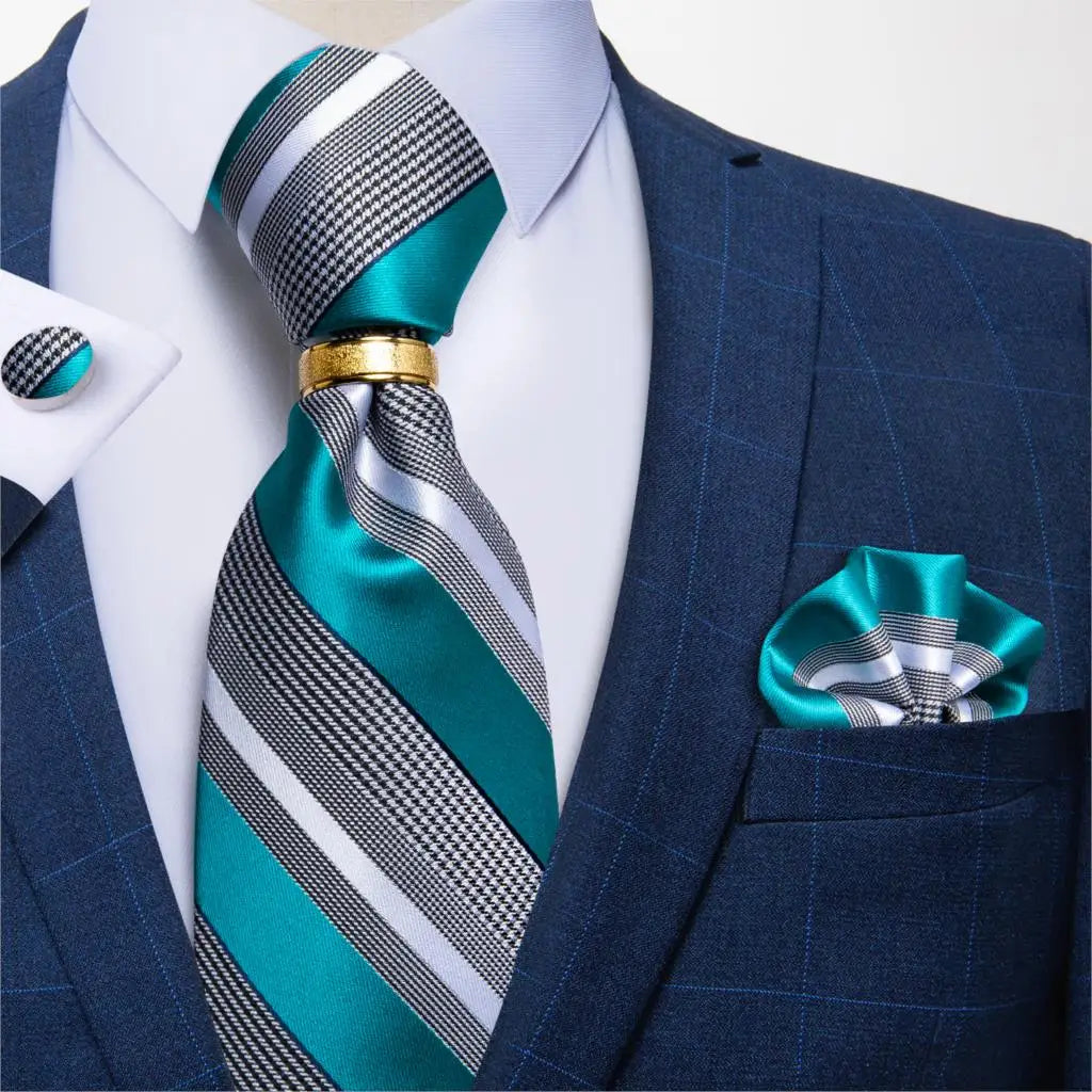 Men's Tie Handkerchief Cuffink Necktie Set Jacquard Woven Silk Blue Wedding Formal Business Party Necktie Ring Set DiBanGu