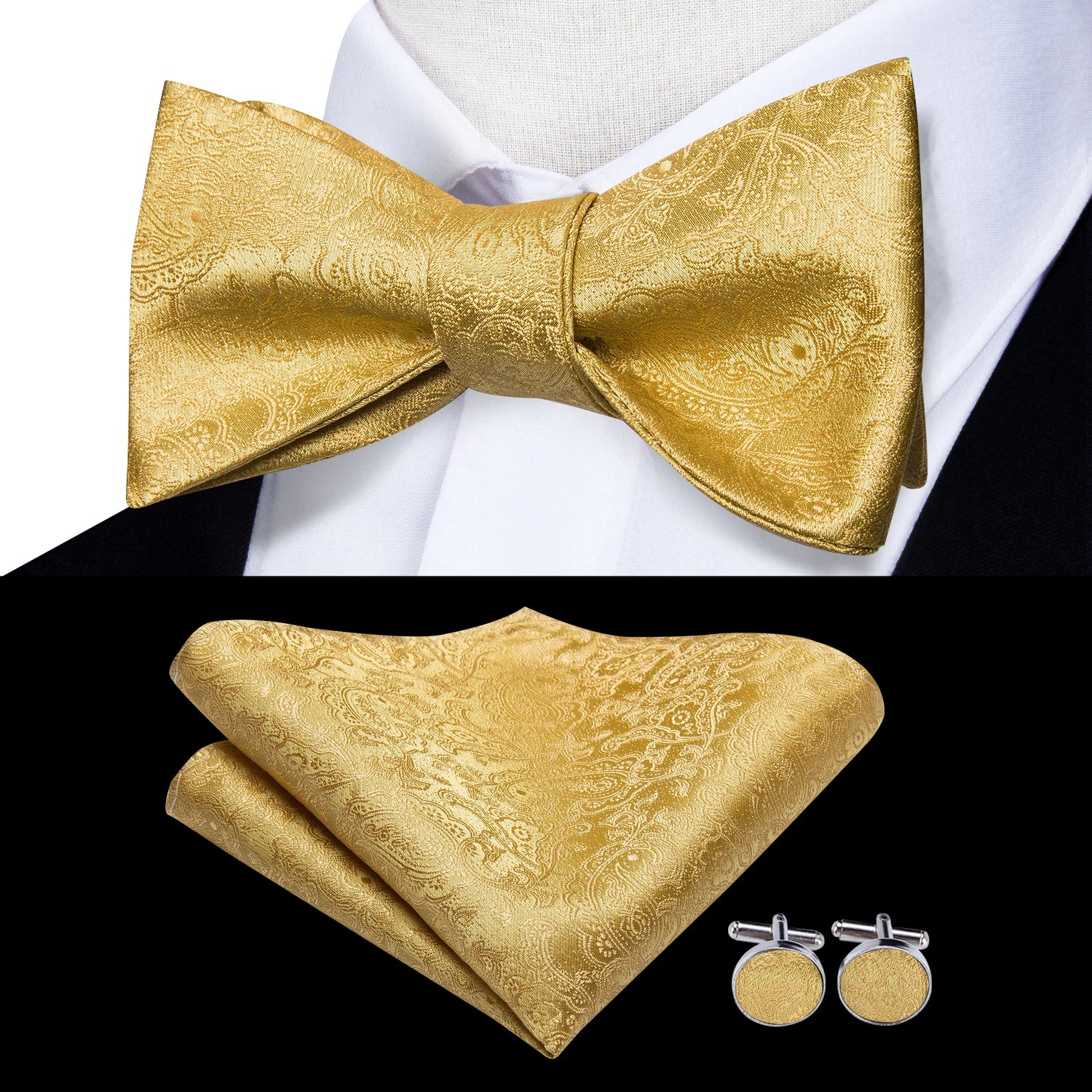 Hi-Tie Adjustable Butterfly Self Bow Tie for mens 100% Silk Floral Paisley Male Classic Wedding Party Golden Red Bow Tie Set
