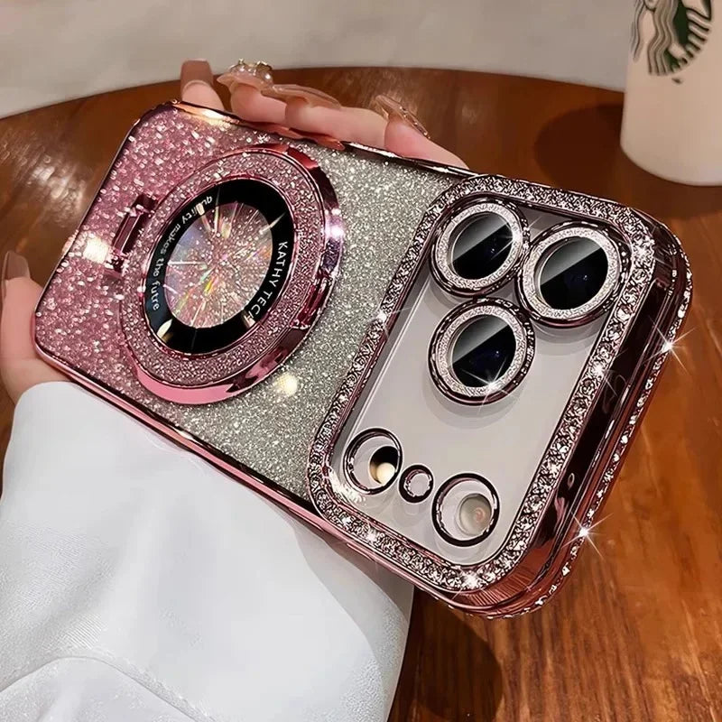 Plating transparent diamond glitter magnetic phone case for iPhone 17 16 13 14 15 Pro Max lens protection bracket back cover