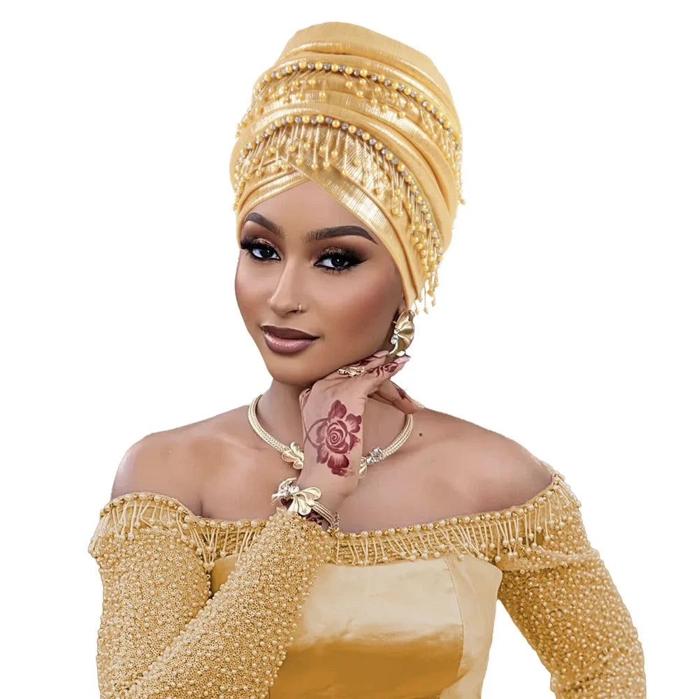 African Headtie Women Beads Tassels Turban Cap Nigerian Wedding Auto Gele Party Headpiece Head Wrap Hijab Bonnet Hat Headdress