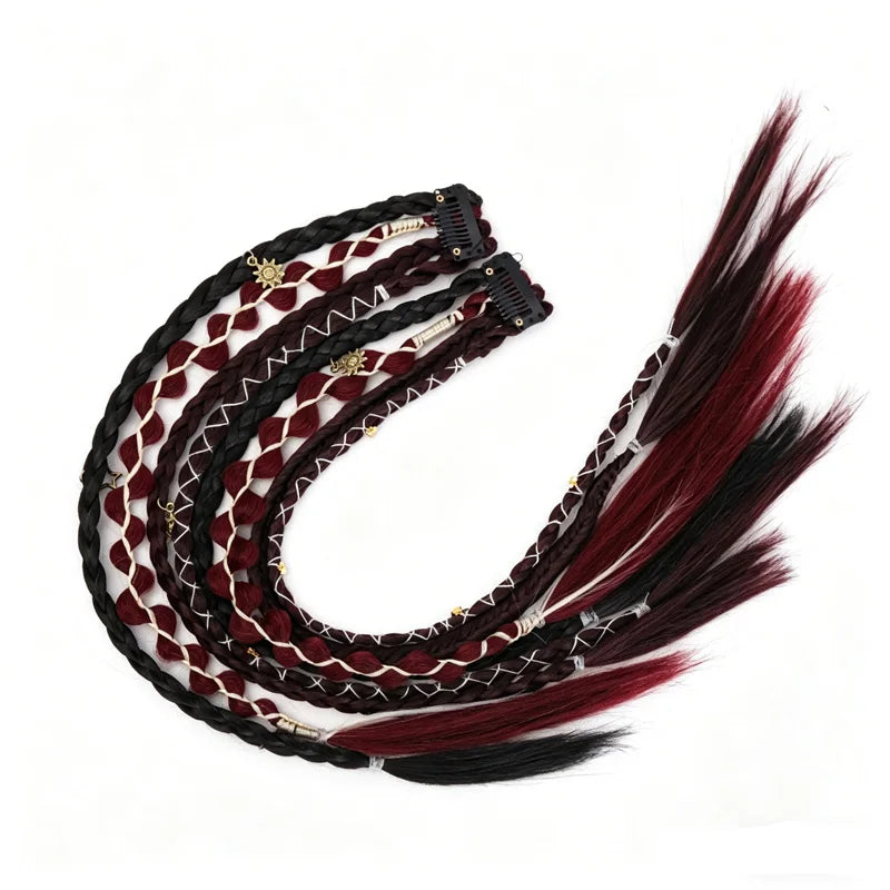 Bohemian Long Hair Braid Hand Woven Wig Braid with Decorative Hair Accessories Easy to Wear Synthetic Hair Clip Braid  synthetic