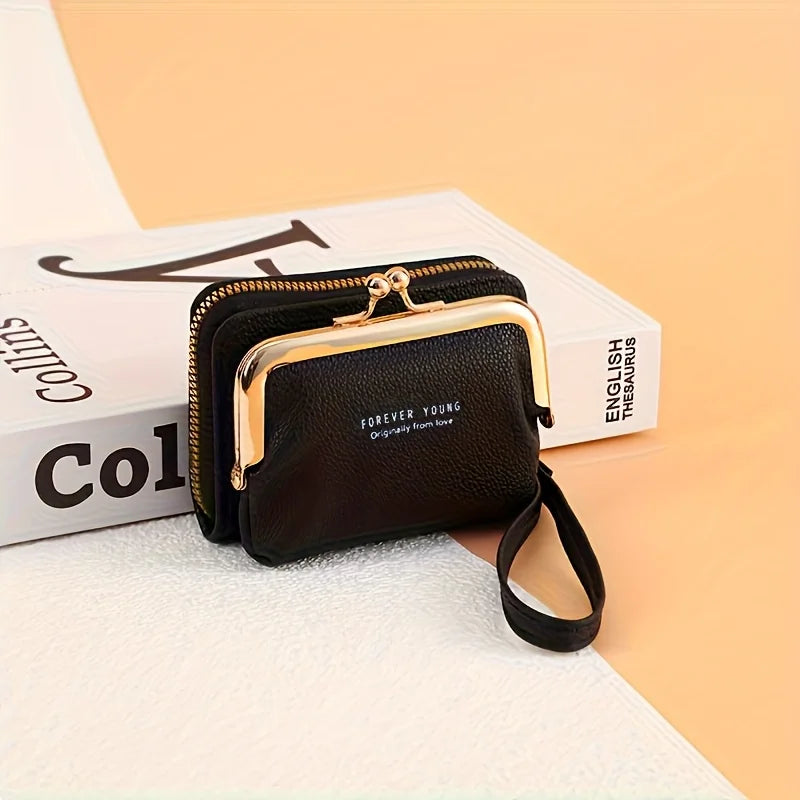 Women'S Elegant Wallet with Wrist Strap & Kiss Button Closure -Golden-Tone Hardware,Zipper Pocket & Card Holder,Wallet for Women