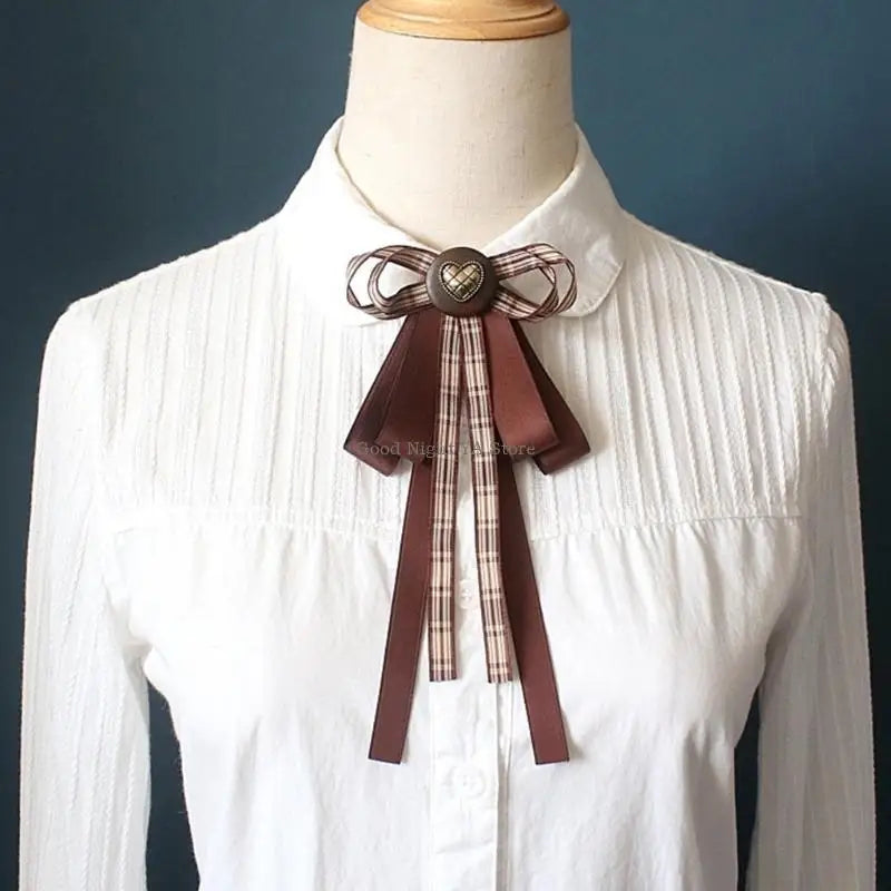 Retro Brown Plaids Bowtie Brooch Pin Uniform Ribbon Bowknot Jabot Collar Necktie