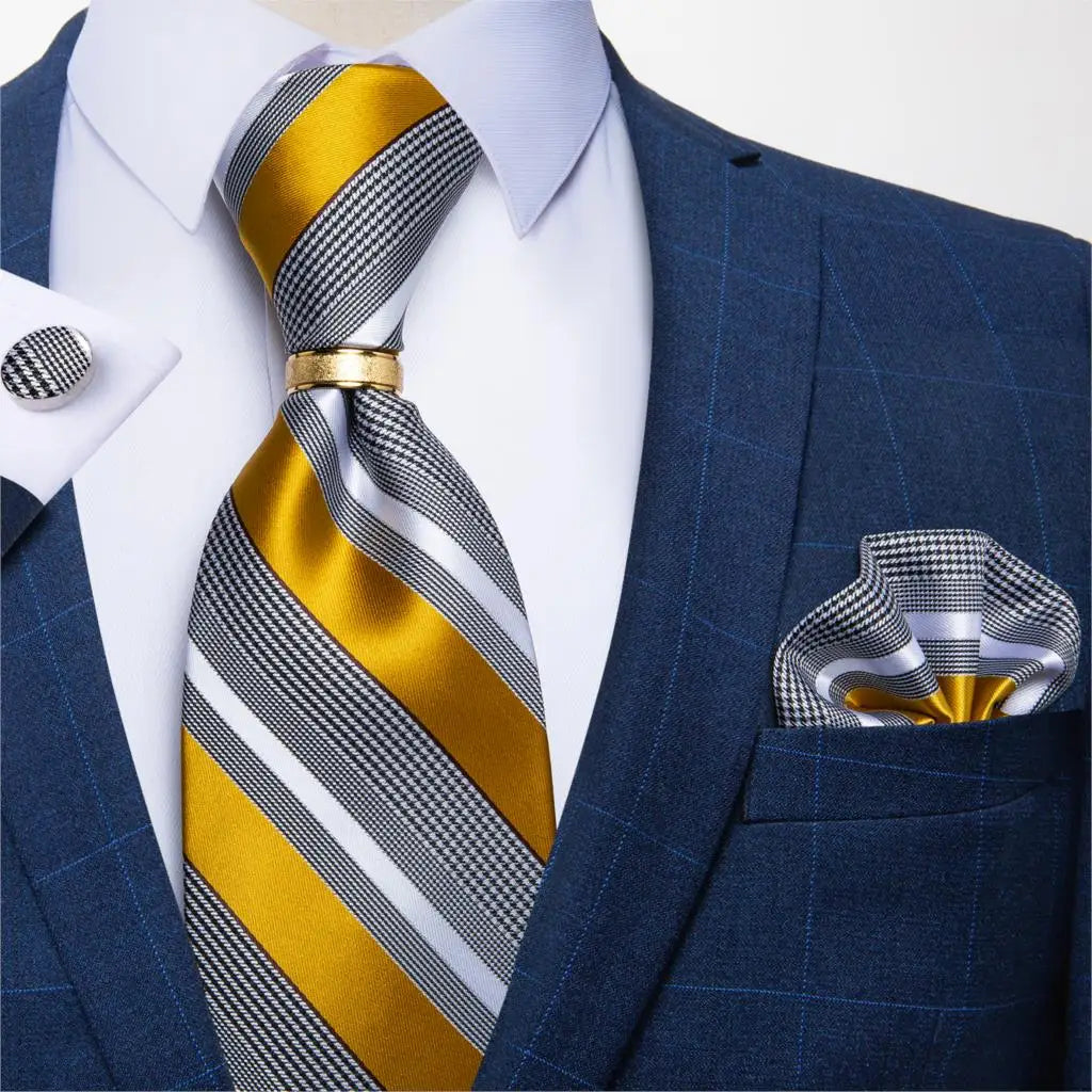 Men's Tie Handkerchief Cuffink Necktie Set Jacquard Woven Silk Blue Wedding Formal Business Party Necktie Ring Set DiBanGu