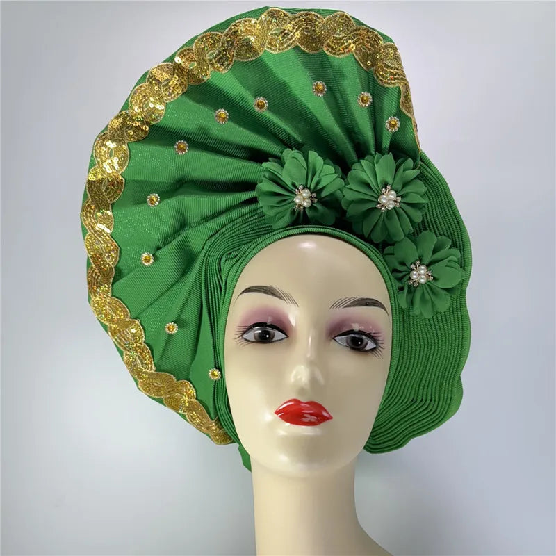 High Quality African Nigeria Gele Elegant Helmet With Stones Headband Turban Head Scarf Head-Hat Auto Gele Brand New Hats 7L5191