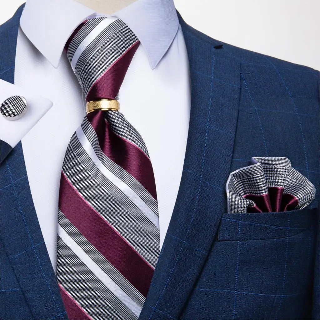 Men's Tie Handkerchief Cuffink Necktie Set Jacquard Woven Silk Blue Wedding Formal Business Party Necktie Ring Set DiBanGu
