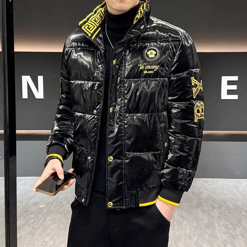 New glossy fashion coat European winter embroidered men's stand-up collar cotton-padded coat thick and warm jacket