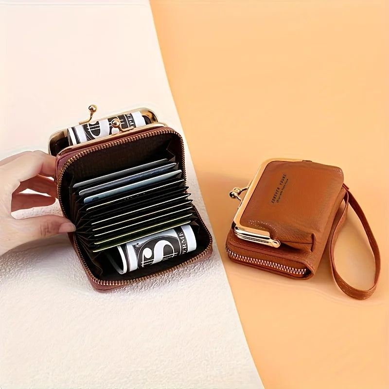 Women'S Elegant Wallet with Wrist Strap & Kiss Button Closure -Golden-Tone Hardware,Zipper Pocket & Card Holder,Wallet for Women