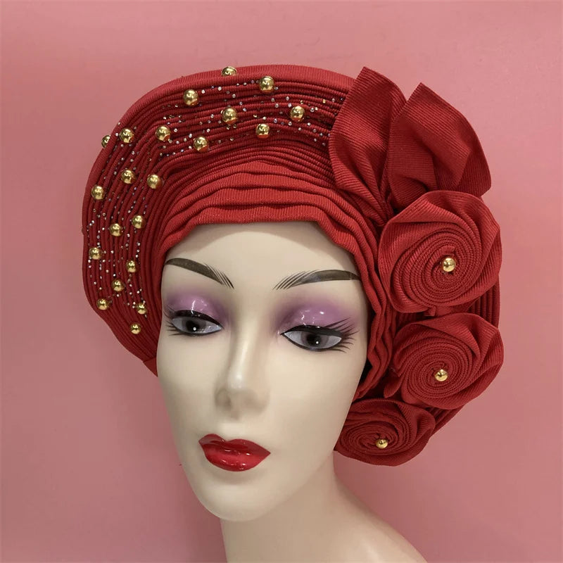 High Quality African Nigeria Gele Elegant Helmet With Stones Headband Turban Head Scarf Head-Hat Auto Gele Brand New Hats 7L5191