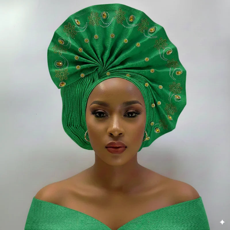 High Quality African Nigeria Gele Elegant Helmet With Stones Headband Turban Head Scarf Head-Hat Auto Gele Brand New Hats 7L1181