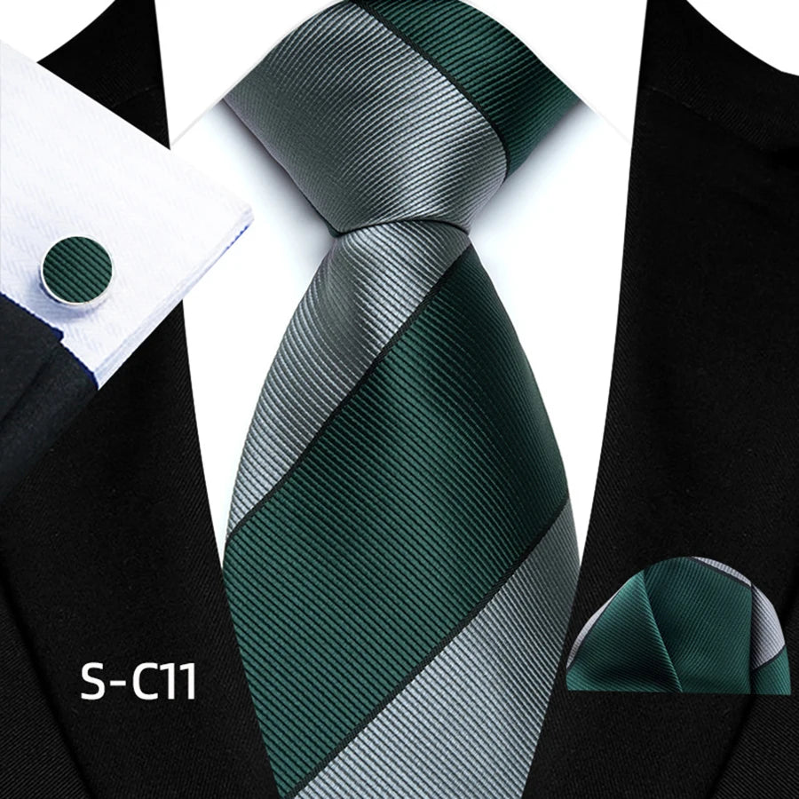 Mens Tie Set Stripes Necktie and Pocket Square Cufflinks Tie Clip Classic Formal Neck Ties for Men Wedding Business Party