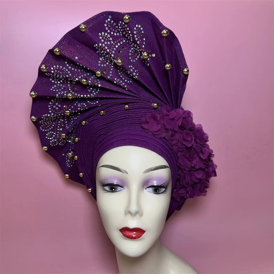Hot Sale Nigerian Gele Headtie Aso Oke Gele Already Made Auto Gele Aso Turban Women Headwrap Nigerian Hairtie Femme Hats 1Set