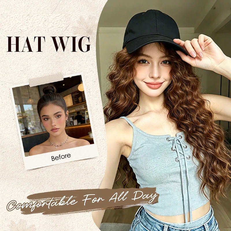 Hat Wig for Women, Integrated Design Baseball Cap Wig, Synthetic Long Curly Wavy Hair Extensions, Adjustable Black Baseball Cap