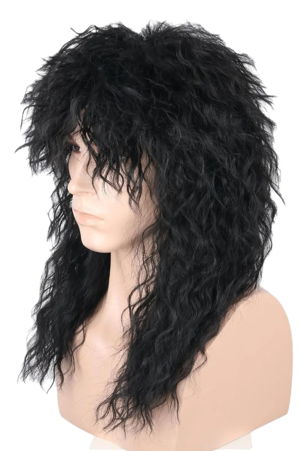 Men's Black Curly Wig with Bangs – Natural Water Wave Synthetic Hair for Cosplay, Halloween & Daily Wear – Adjustable Cap (Rolep
