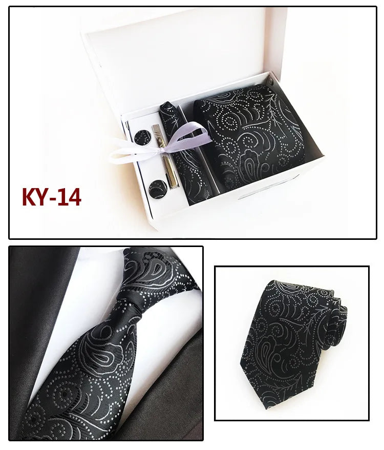 tie set for men gift box for men gravata luxury designer brand 8 cm Jacquard Necktie Pocket Square Clip cufflinks