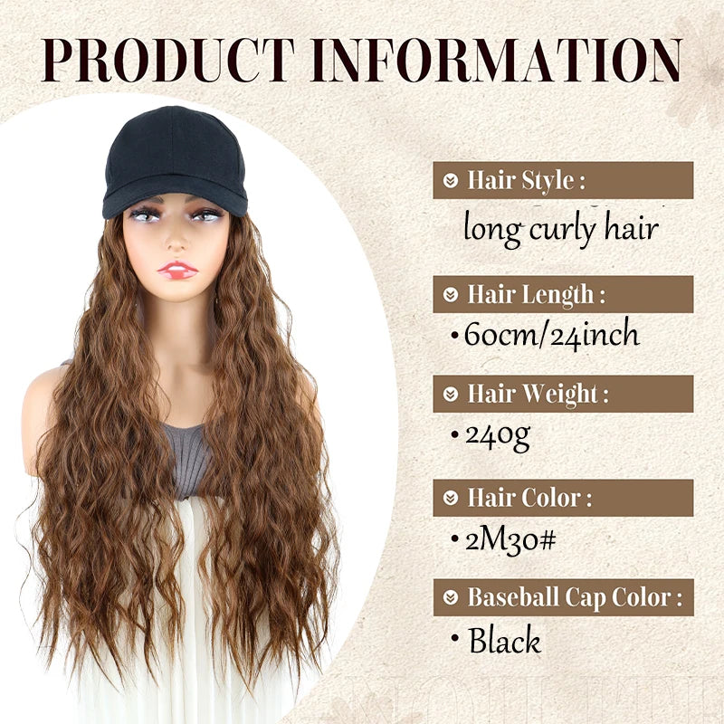 Hat Wig for Women, Integrated Design Baseball Cap Wig, Synthetic Long Curly Wavy Hair Extensions, Adjustable Black Baseball Cap