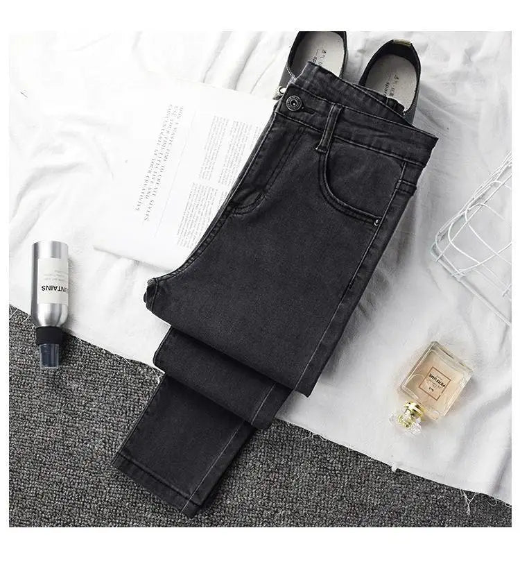 High Waist Slim Fit Jeans Women's Elastic Stretchy Nine Points Pants Spring Autumn Fashionable Casual Straight Leg Trousers
