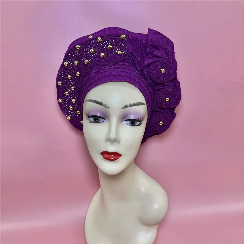 High Quality African Nigeria Gele Elegant Helmet With Stones Headband Turban Head Scarf Head-Hat Auto Gele Brand New Hats 7L5191
