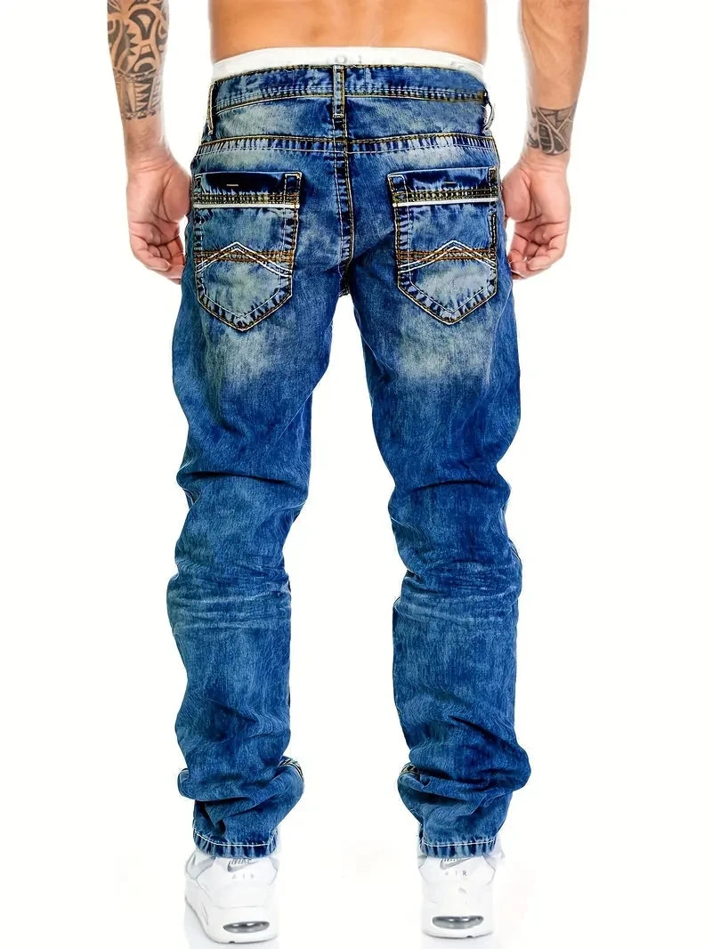 European American Jeans Men's Autumn New Slim Elastic Trousers Fashionable Vintage Wash Denim Pants Male Streetwear