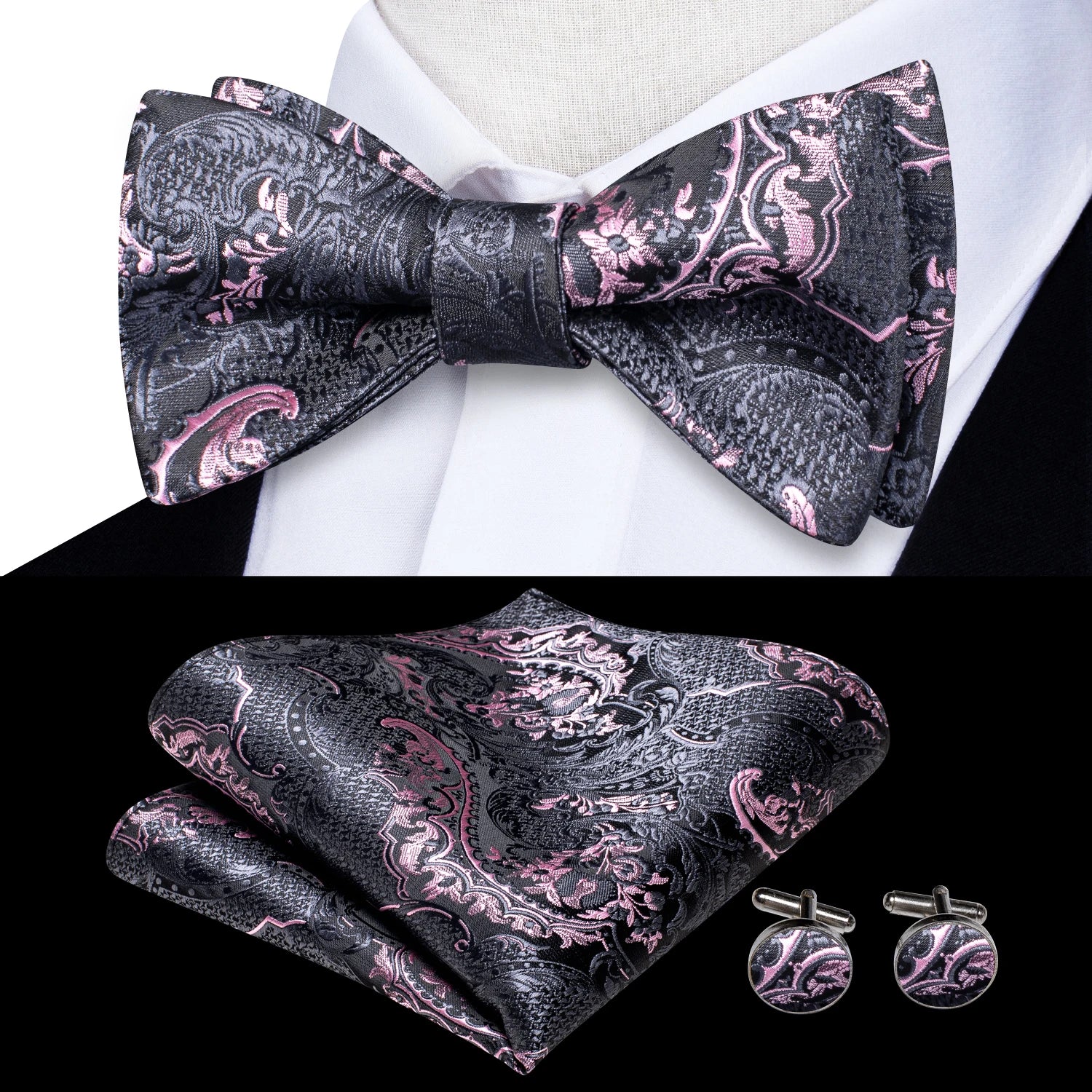 Hi-Tie Adjustable Butterfly Self Bow Tie for mens 100% Silk Floral Paisley Male Classic Wedding Party Golden Red Bow Tie Set