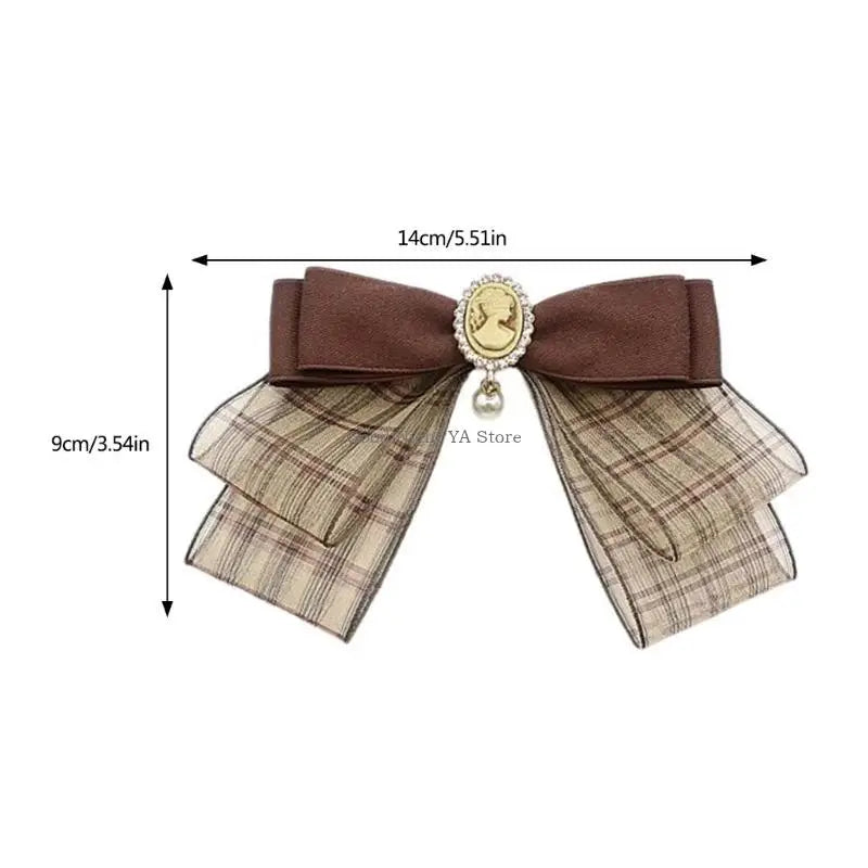 Retro Brown Plaids Bowtie Brooch Pin Uniform Ribbon Bowknot Jabot Collar Necktie