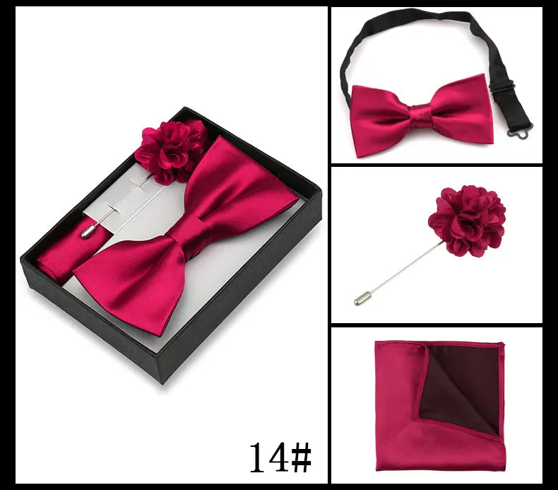 Classic High Quality Bow Tie Set Box Gift For Men Fashion Elegant Bowtie Handchief And Brooch Set Wedding Business Accessories