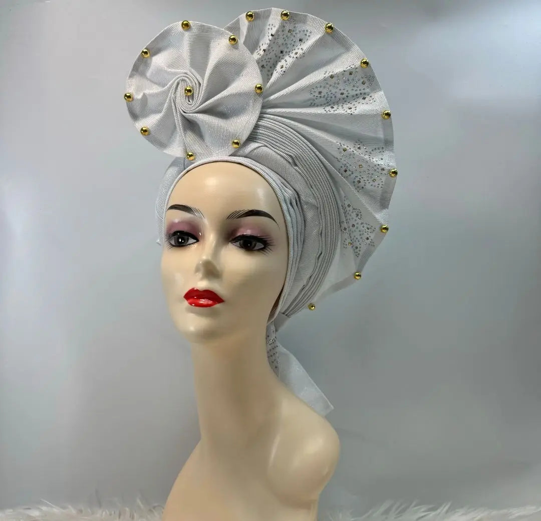 High Quality African Nigeria Gele Elegant Helmet With Stones Headband Turban Head Scarf Head-Hat Auto Gele Brand New Hats 7L631