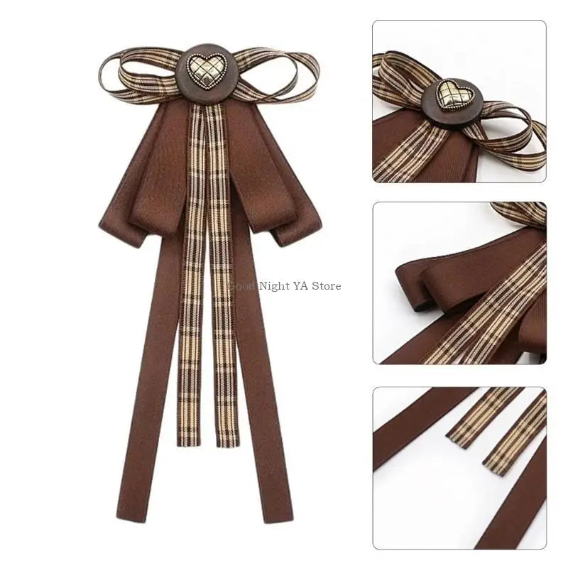 Retro Brown Plaids Bowtie Brooch Pin Uniform Ribbon Bowknot Jabot Collar Necktie