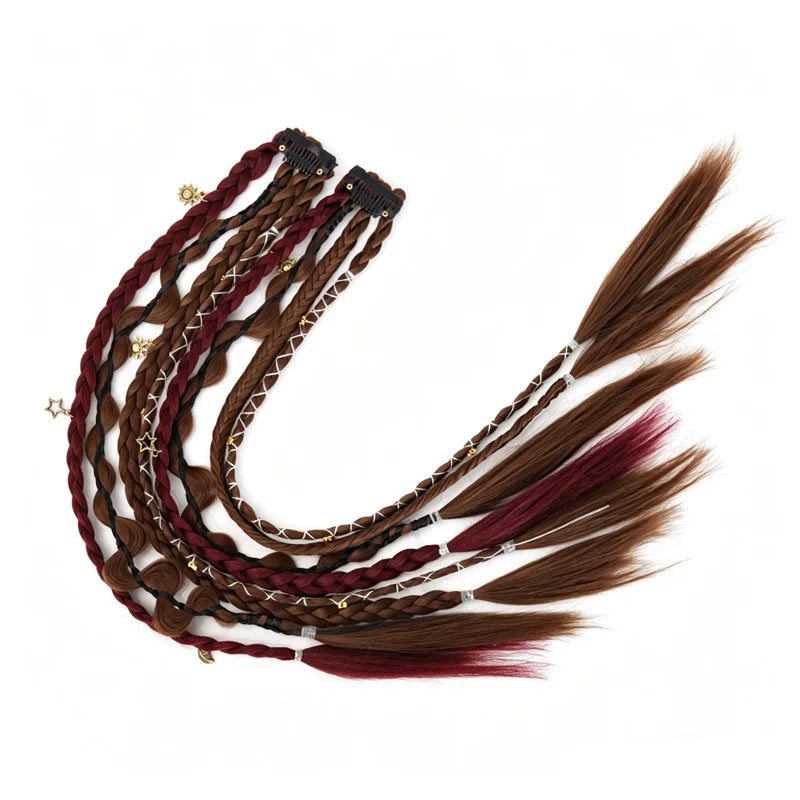 Bohemian Long Hair Braid Hand Woven Wig Braid with Decorative Hair Accessories Easy to Wear Synthetic Hair Clip Braid  synthetic