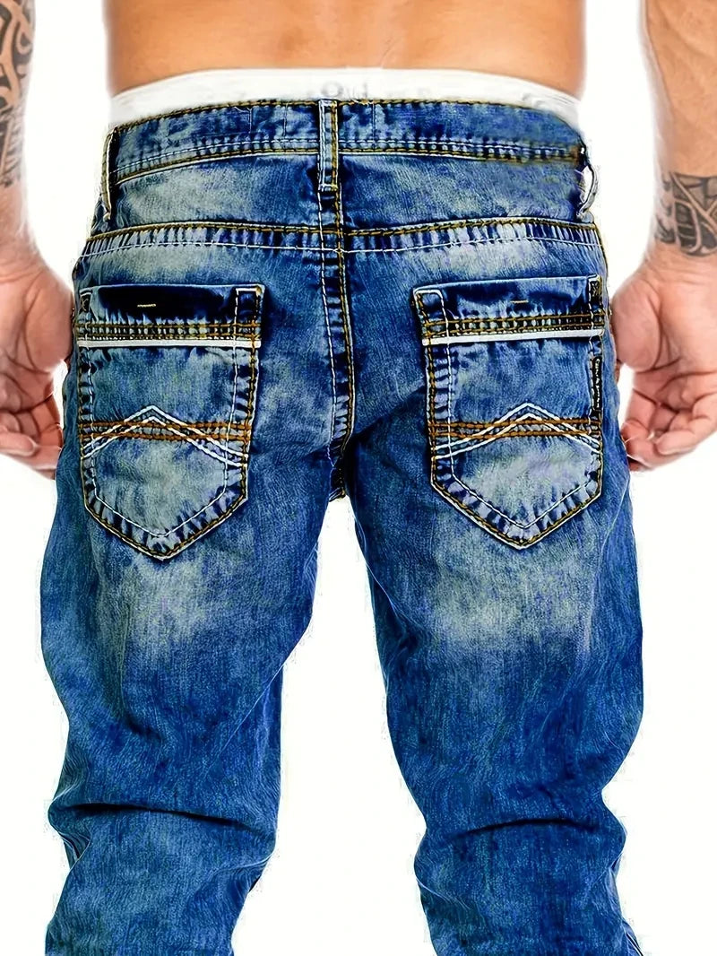 European American Jeans Men's Autumn New Slim Elastic Trousers Fashionable Vintage Wash Denim Pants Male Streetwear