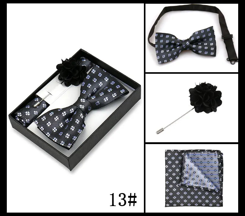 Classic High Quality Bow Tie Set Box Gift For Men Fashion Elegant Bowtie Handchief And Brooch Set Wedding Business Accessories