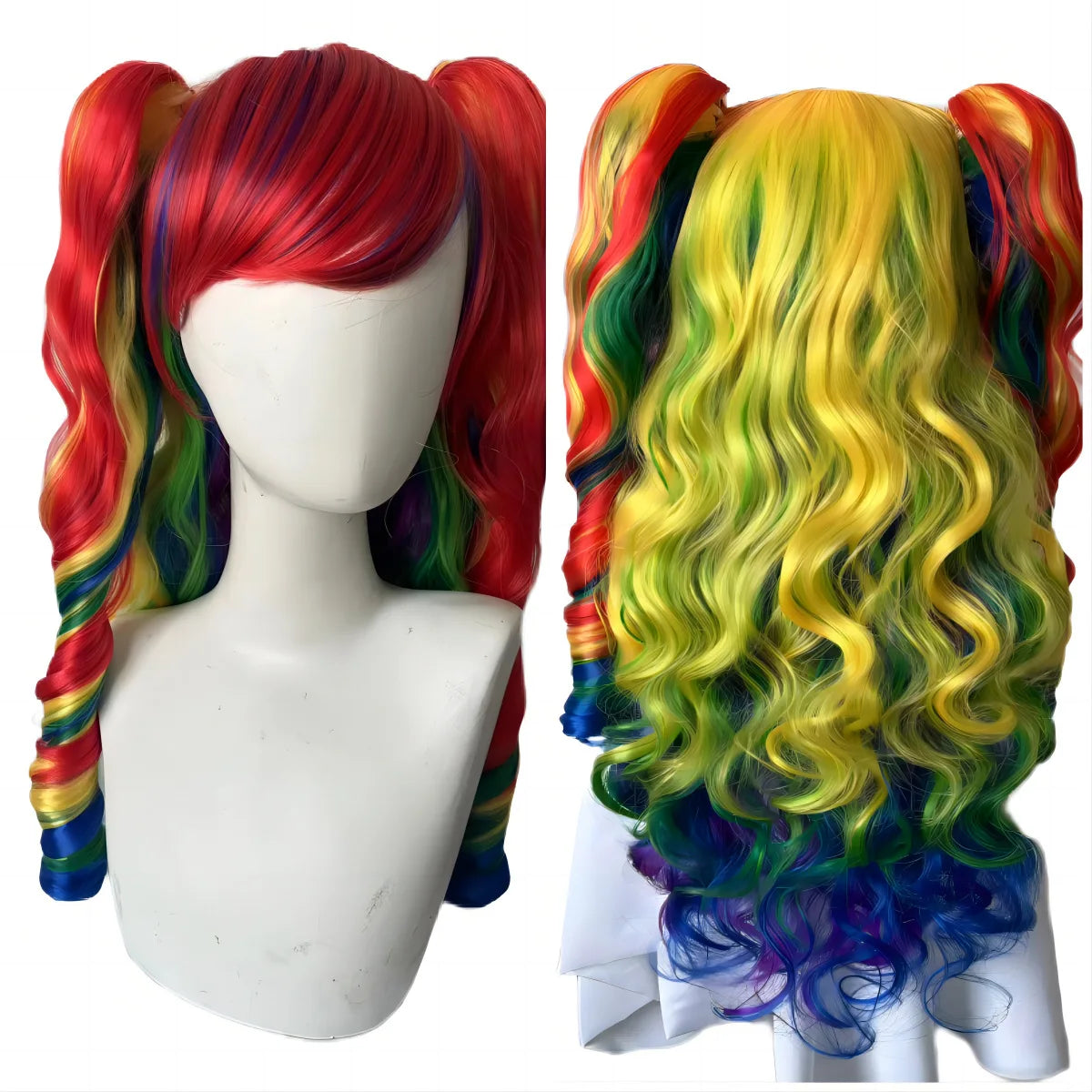 Long Synthetic Hair Wig with Bangs Cosplay Wavy Costume for Women Two Claw Clip Ponytail Available in Pink Red Blue Black White