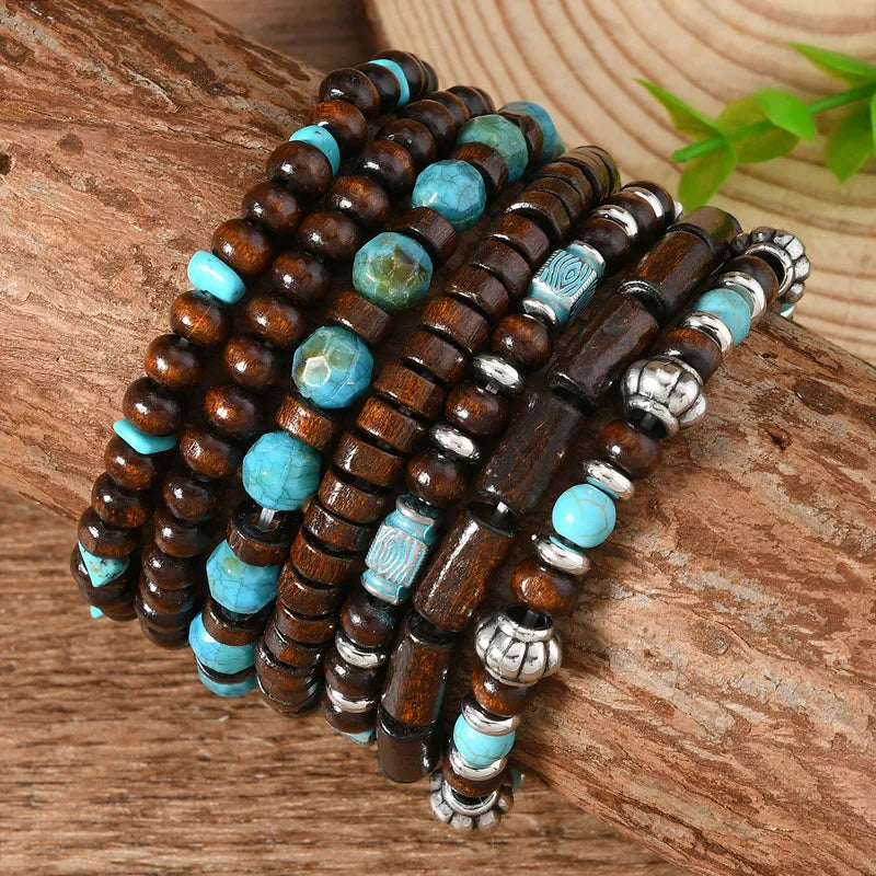 Bohemian Multilayer Bracelet Set Wood Beaded Turquoise Accent Retro Ethnic Charm Wristband Stackable Hand Jewelry for Men Women
