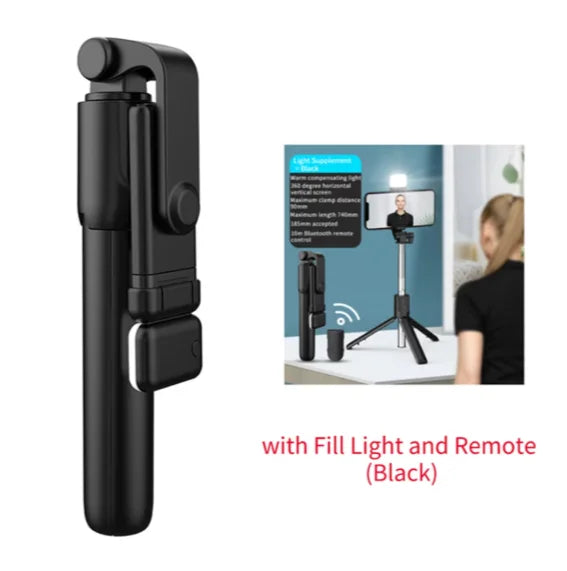 Wireless Selfie Stick with Tripod Stand and Light, Bluetooth Remote, Extendable for iPhone, Mobile Phone, Live Streaming